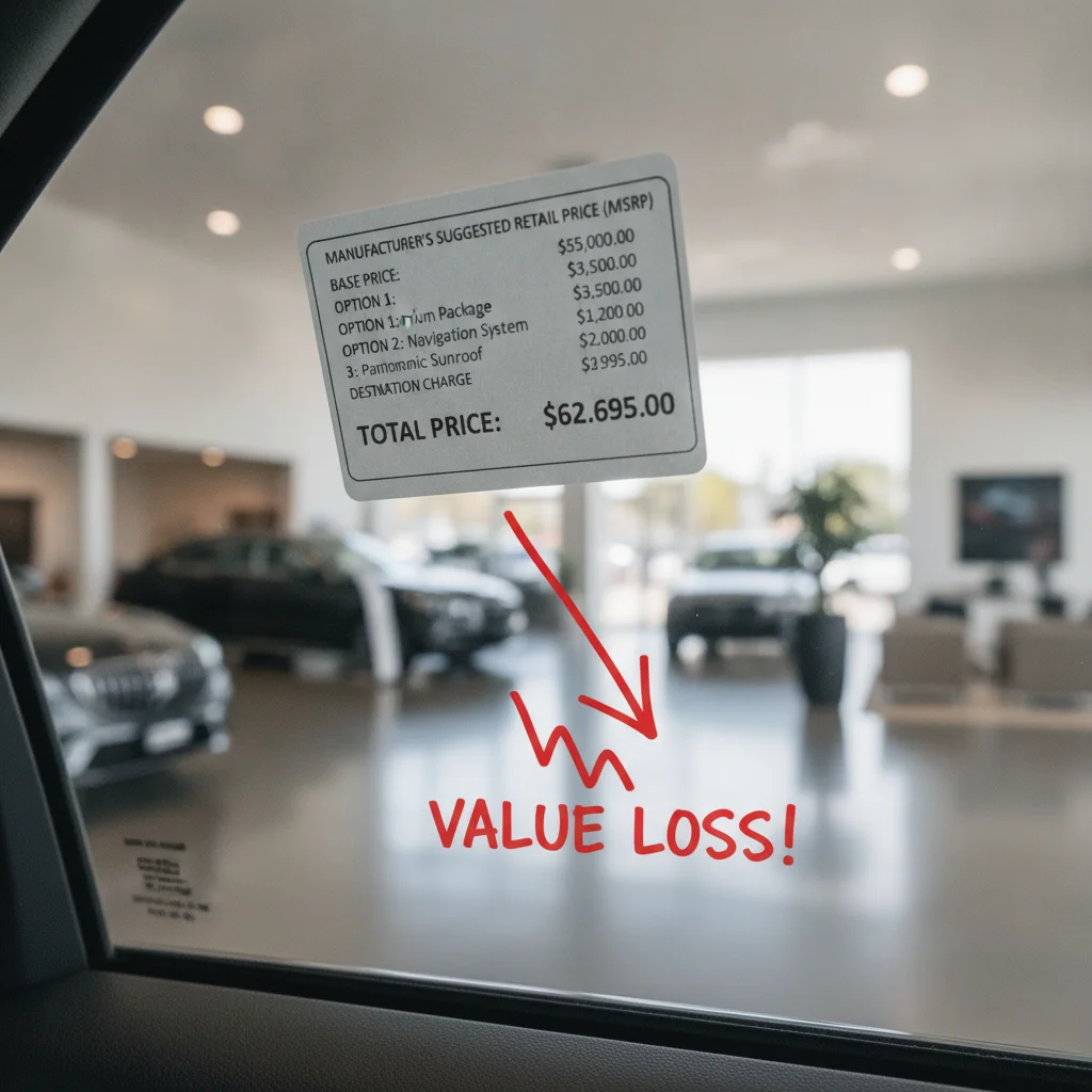 Car window sticker with purchase price and a downward arrow indicating depreciation over time