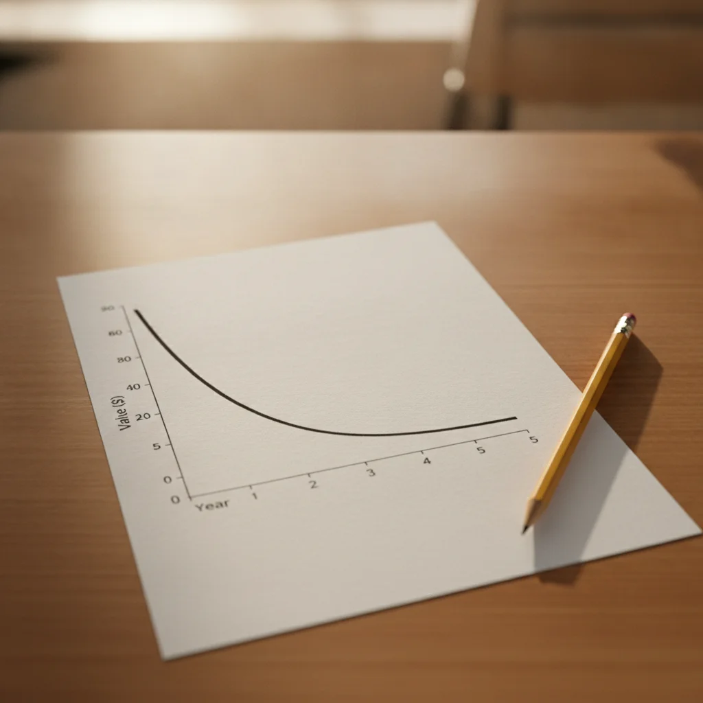 Printed depreciation curve graph showing steep year-one value loss flattening over five years