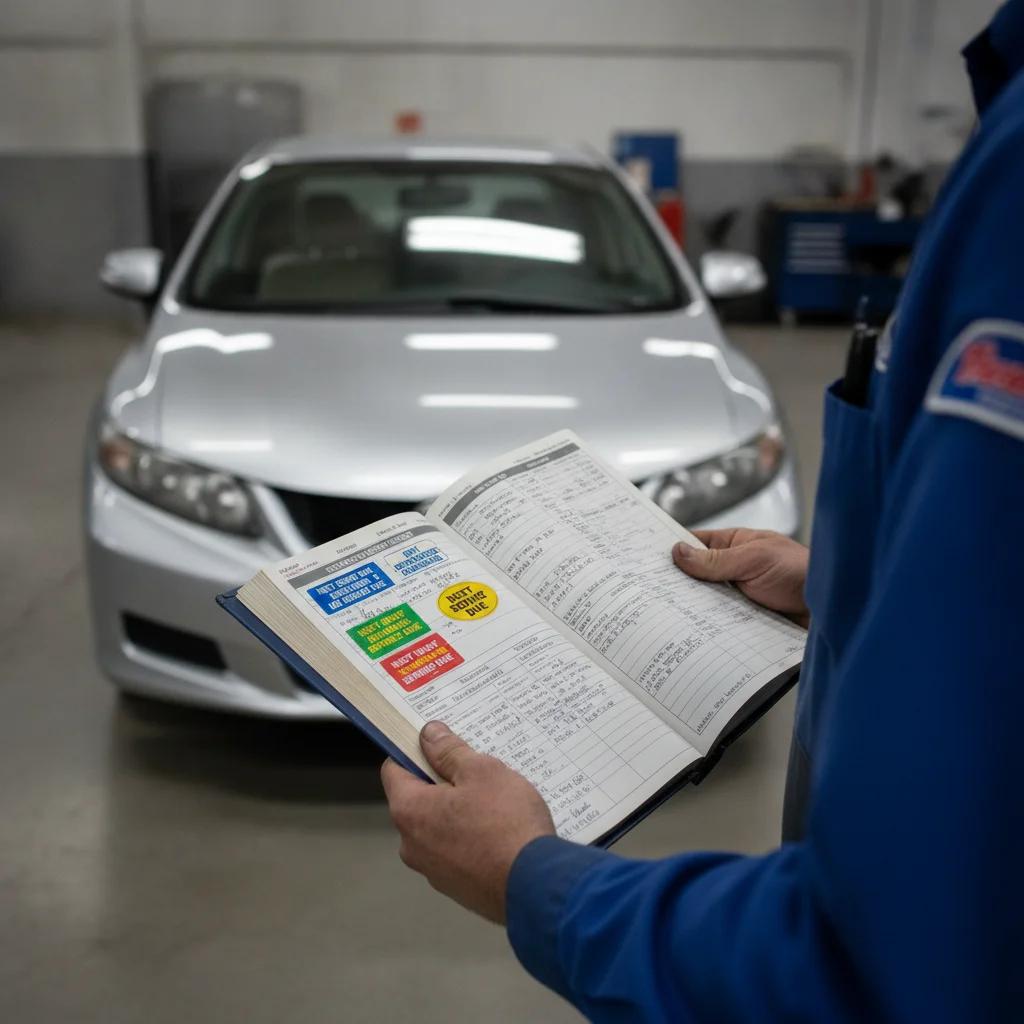 Mechanic holding a complete vehicle service logbook next to a well-maintained used car