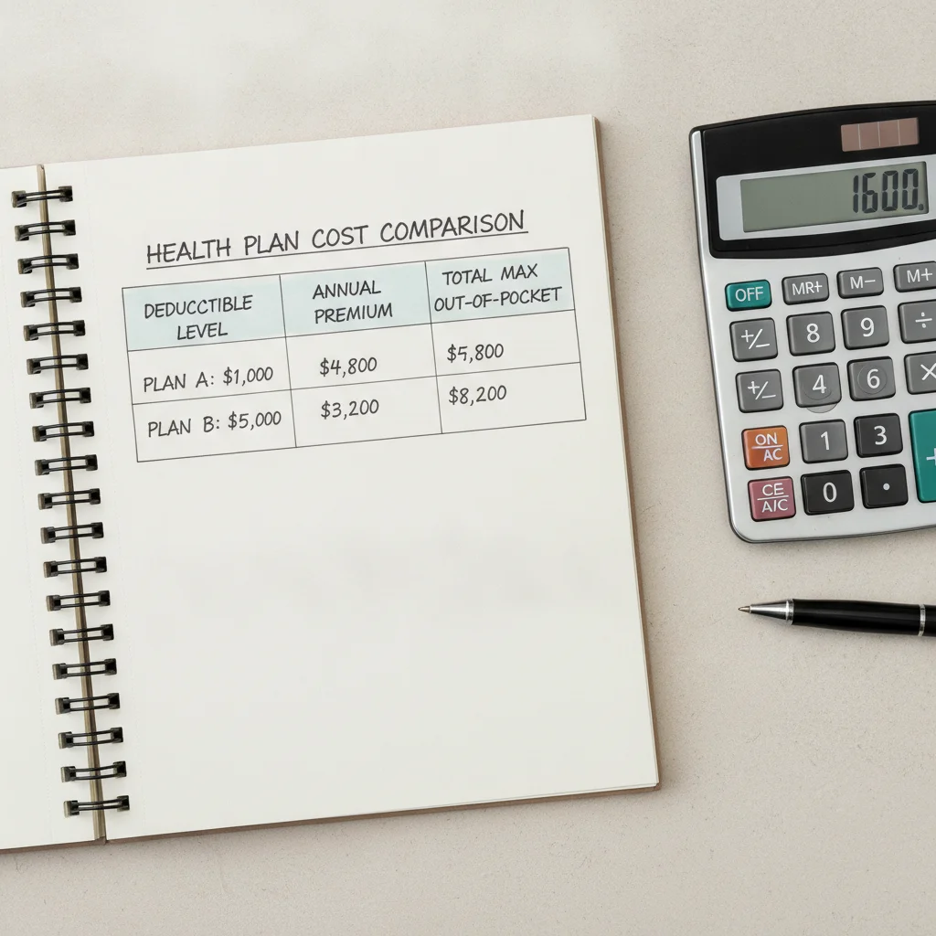 Notepad with handwritten deductible cost comparison table next to a calculator on a desk