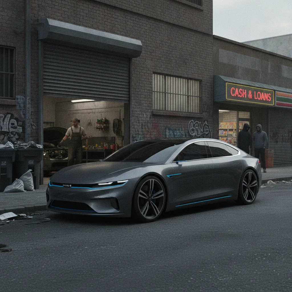 Modern electric vehicle parked outside an urban auto repair garage with a technician in the background