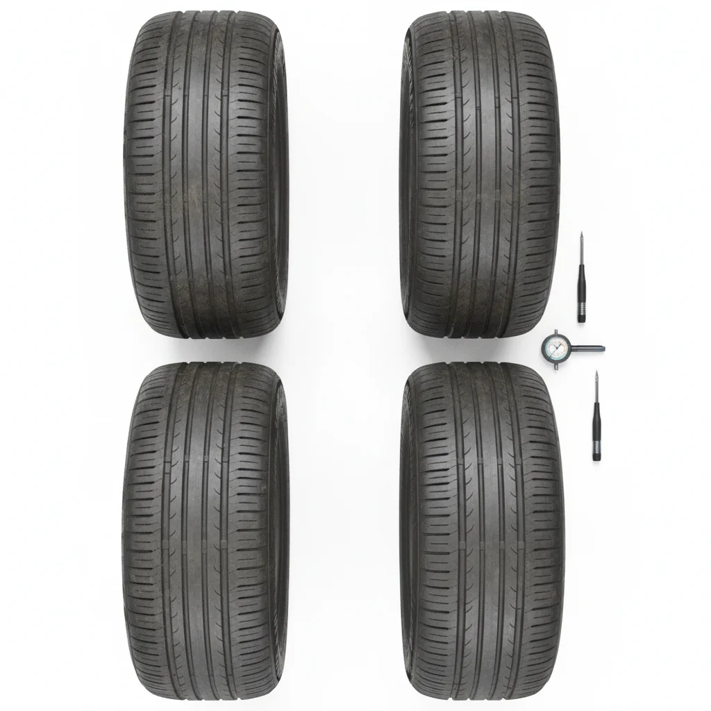 Four EV tires arranged showing two worn drive-axle tires versus two tires with full tread remaining