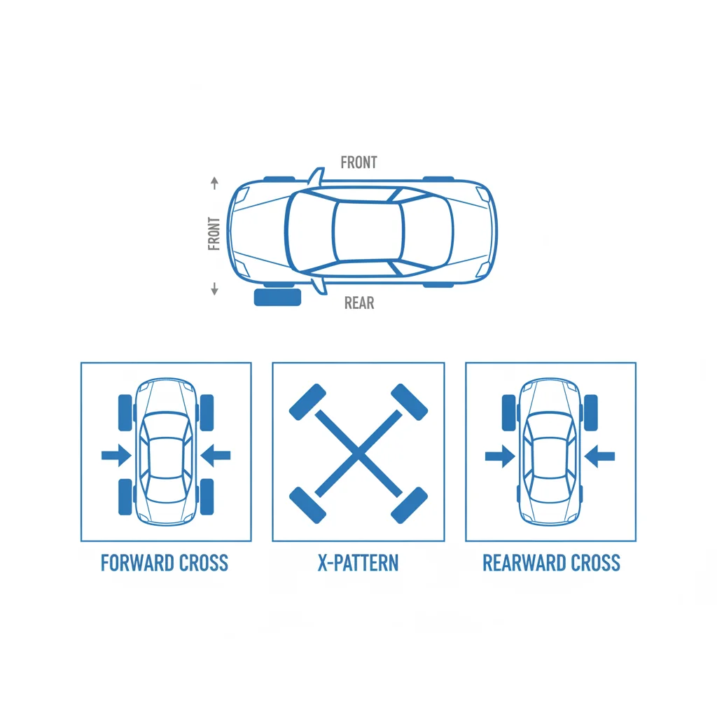 Tire rotation pattern diagram showing forward cross, X-pattern, and rearward cross rotation options for EVs
