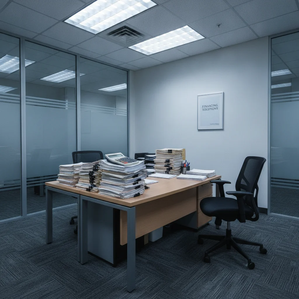 Empty car dealership finance office with stacked paperwork and a calculator on the desk