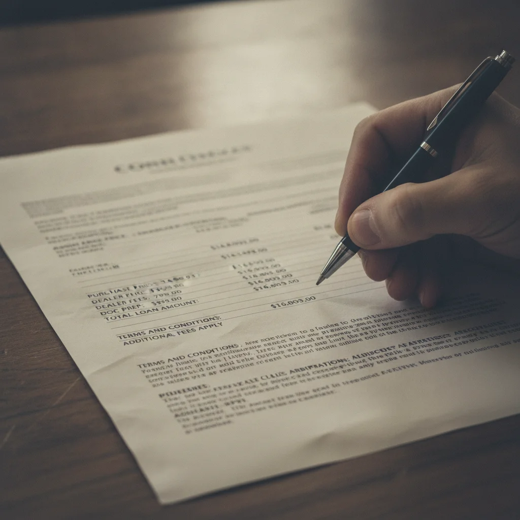 A hand with a pen hovering over a used car contract showing multiple fee line items