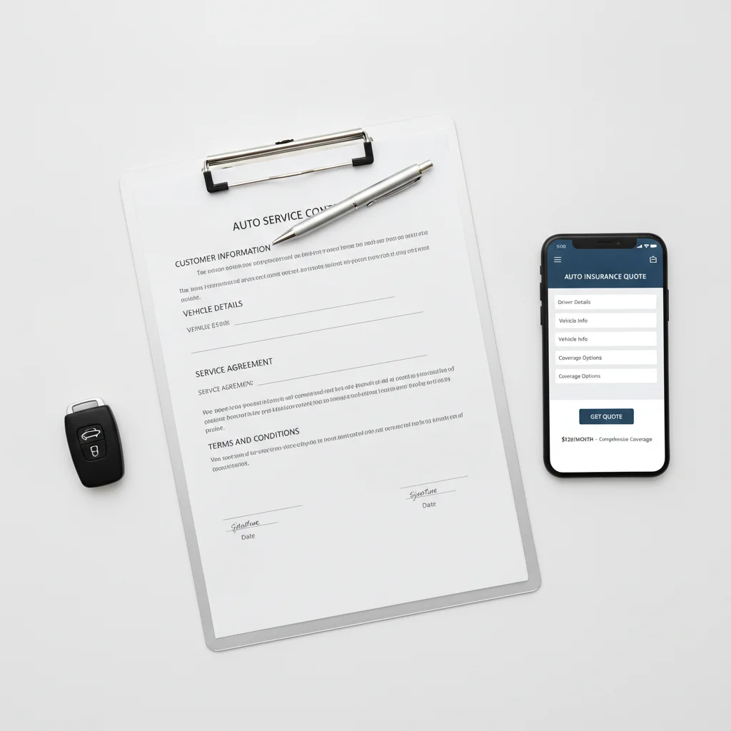 Car extended service contract document next to a smartphone showing a third-party insurance quote