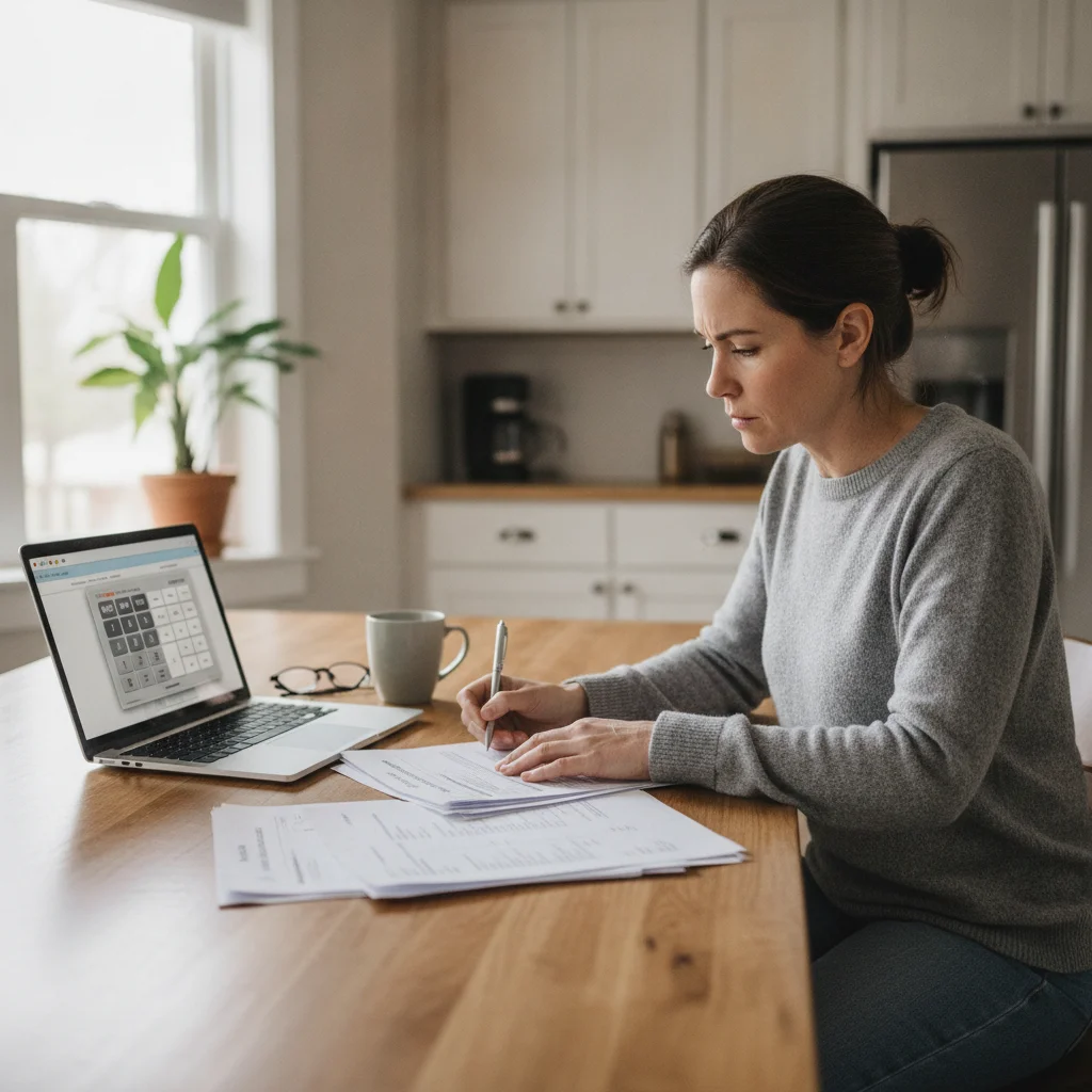 Car buyer reviewing purchase documents at home with a laptop open to a cost calculator