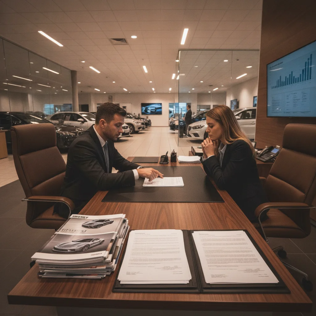 Car dealership finance and insurance office with desk covered in paperwork and product brochures