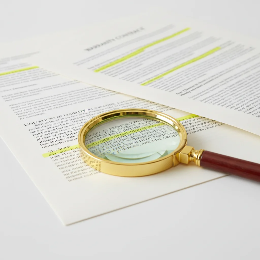 Warranty contract document with highlighted exclusions section and magnifying glass on white desk