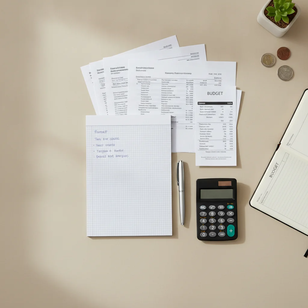 Financial documents, pen, and calculator arranged on a desk representing auto loan paperwork review