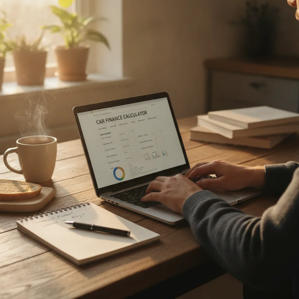 Person researching auto loan pre-approval options on laptop at home before visiting a car dealership