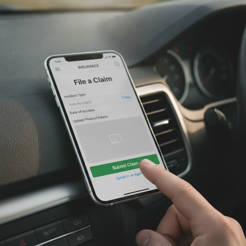 Smartphone displaying an insurance claims app resting on a car dashboard in soft daylight