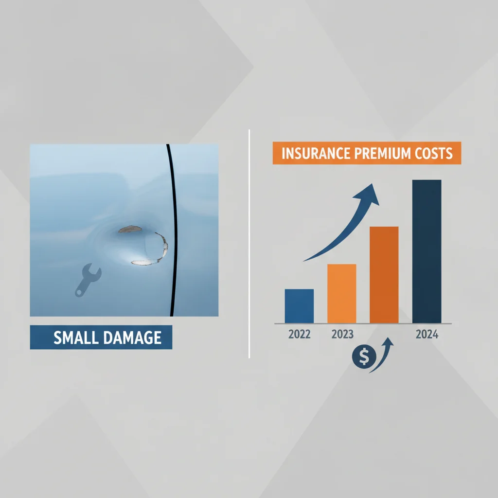 Side-by-side graphic comparing a small car dent with a rising insurance premium cost chart