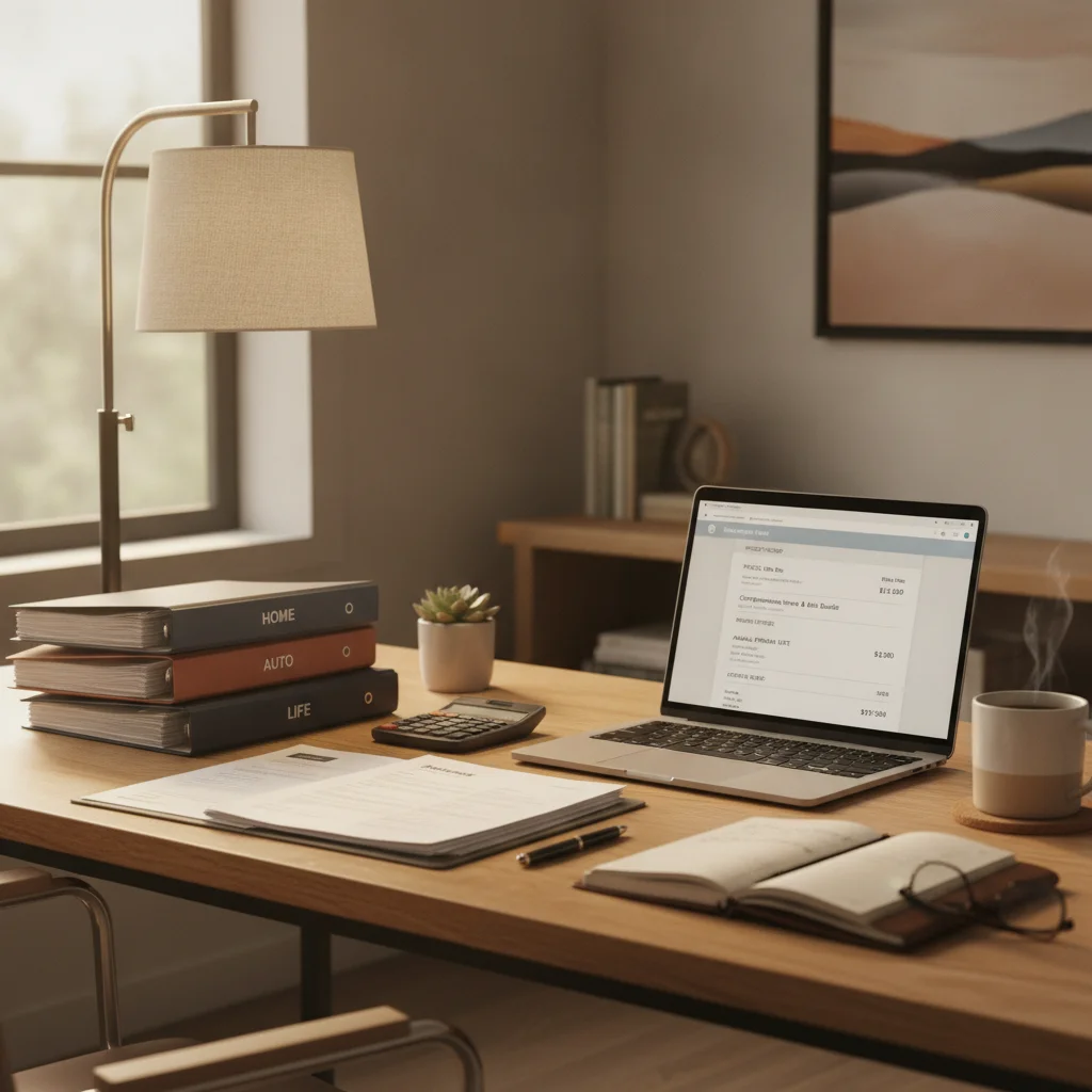 Organized desk with insurance policy documents, a calculator, and a laptop showing a policy overview