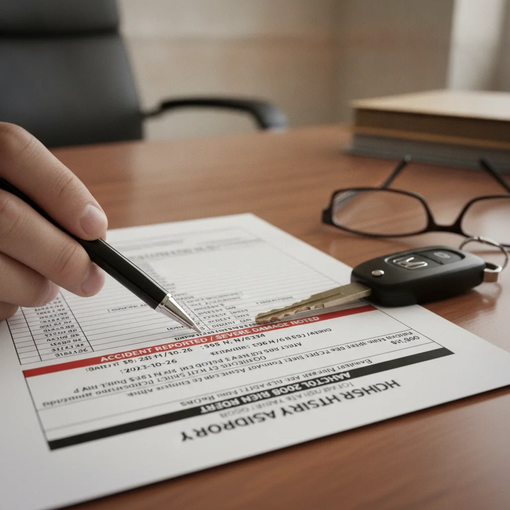 A vehicle history report on a table with car keys and a pen highlighting an accident record
