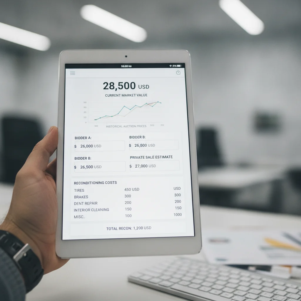 Tablet screen showing dealer appraisal software with vehicle valuation and reconditioning cost fields