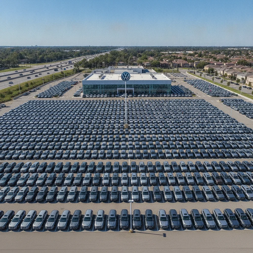 Aerial view of a car dealership lot packed with rows of similar SUV inventory under bright sky