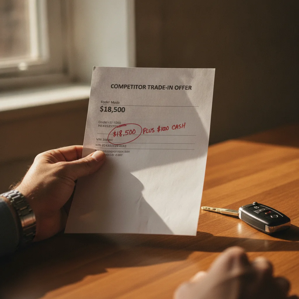 Hand holding a printed competing trade-in offer with a circled dollar amount and car keys on a desk