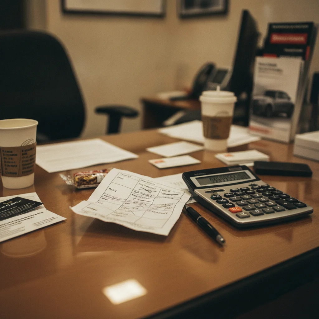 Dealership finance office desk showing a four-square negotiation worksheet, calculator, and pen
