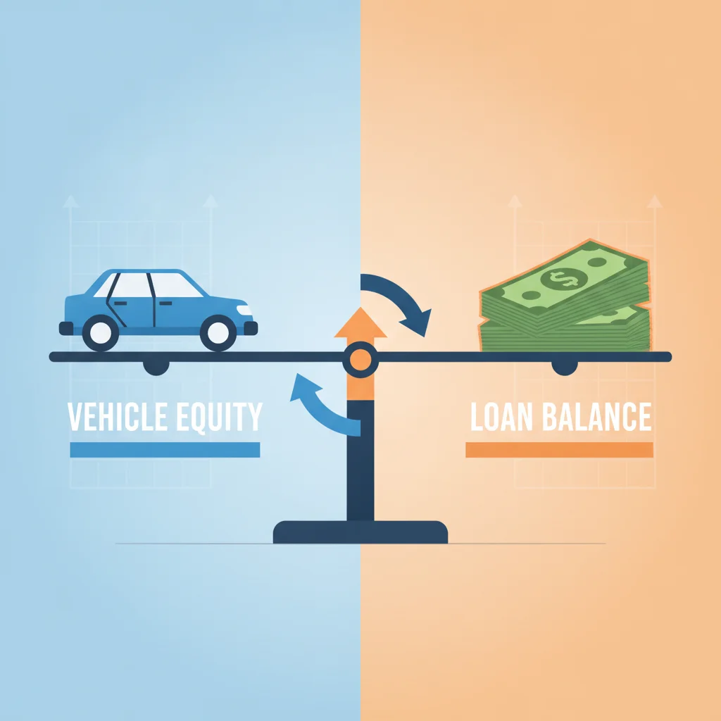 Balance scale weighing a car against dollar bills representing vehicle equity versus outstanding loan