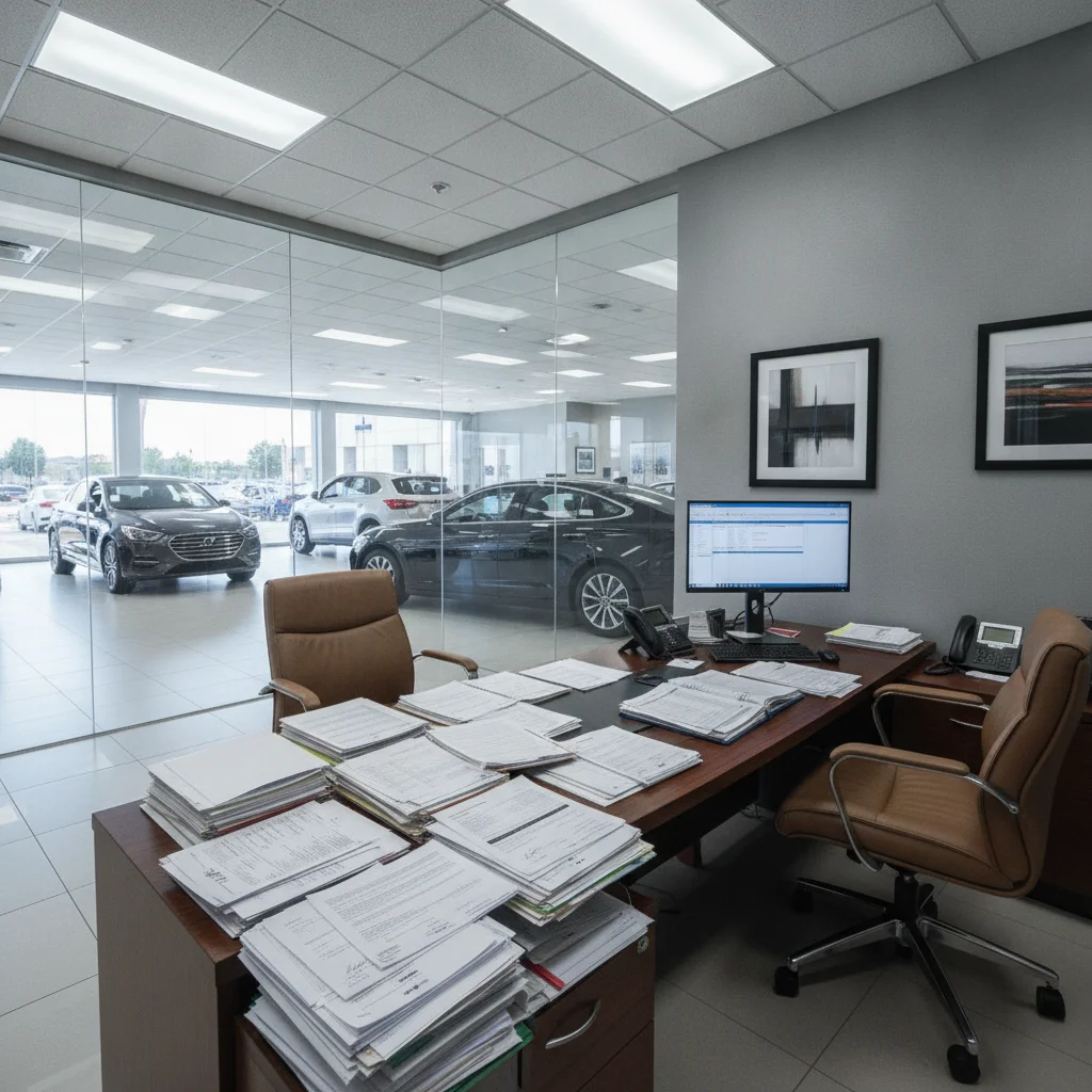 Empty car dealership finance office desk covered in purchase contract documents