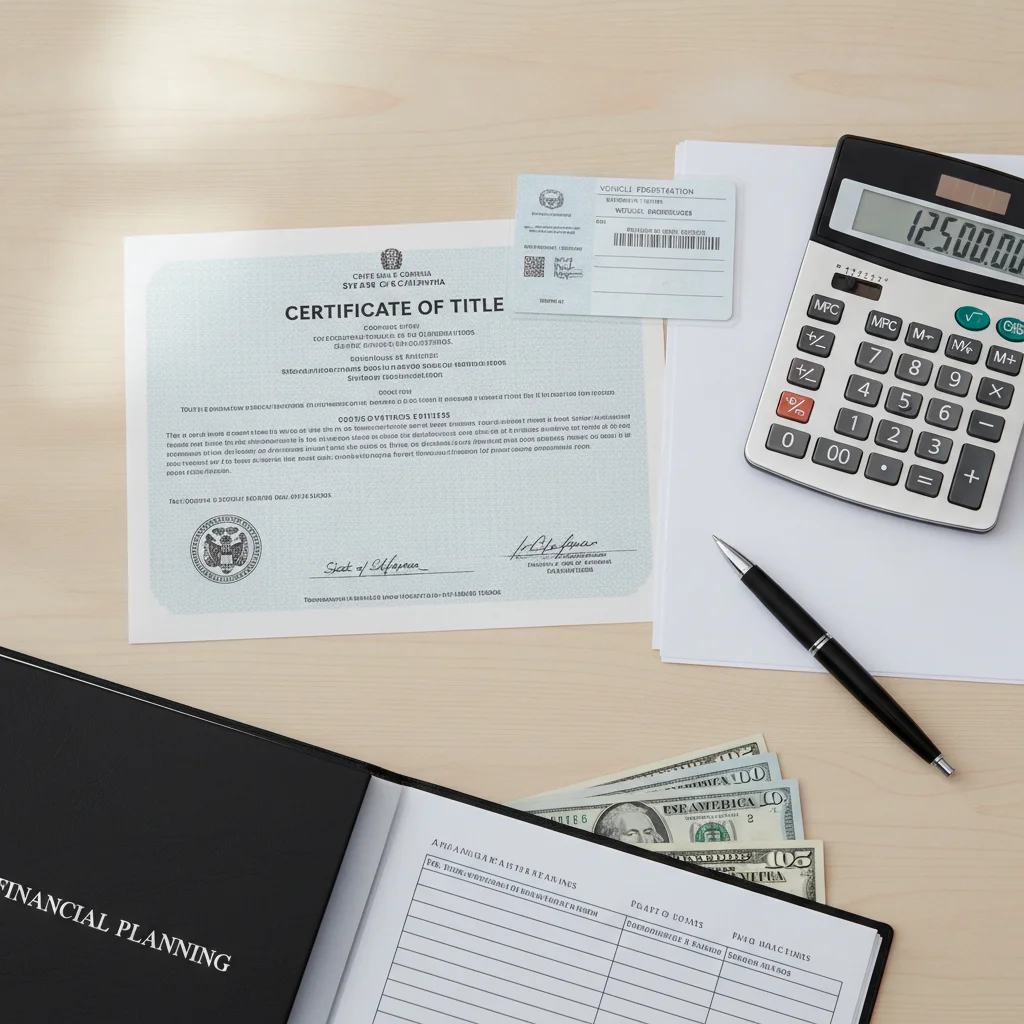 Vehicle title certificate and registration documents next to a calculator and pen