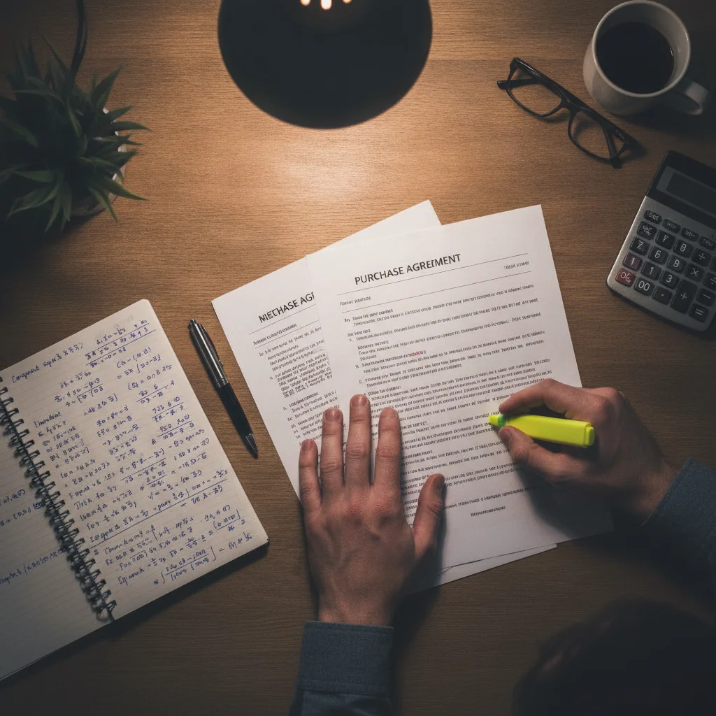 Hands reviewing a car purchase contract with highlighted lines and handwritten notes nearby