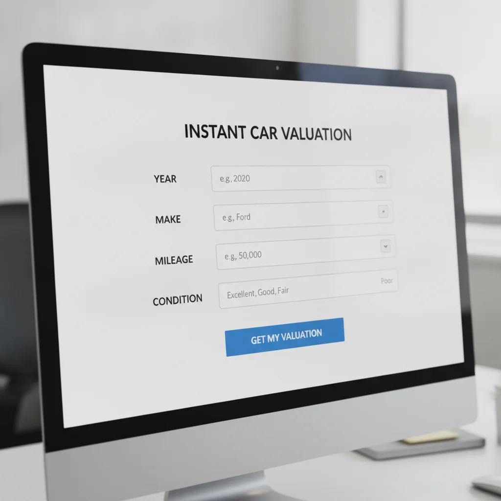 Computer screen displaying an online car valuation form with fields for vehicle details and condition