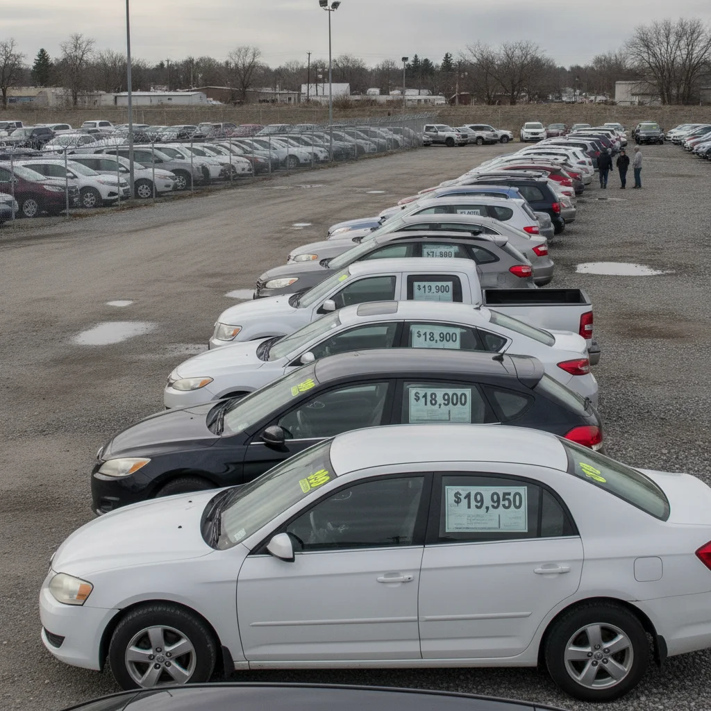 Row of used cars on a dealer lot with price stickers visible on windshields under overcast sky