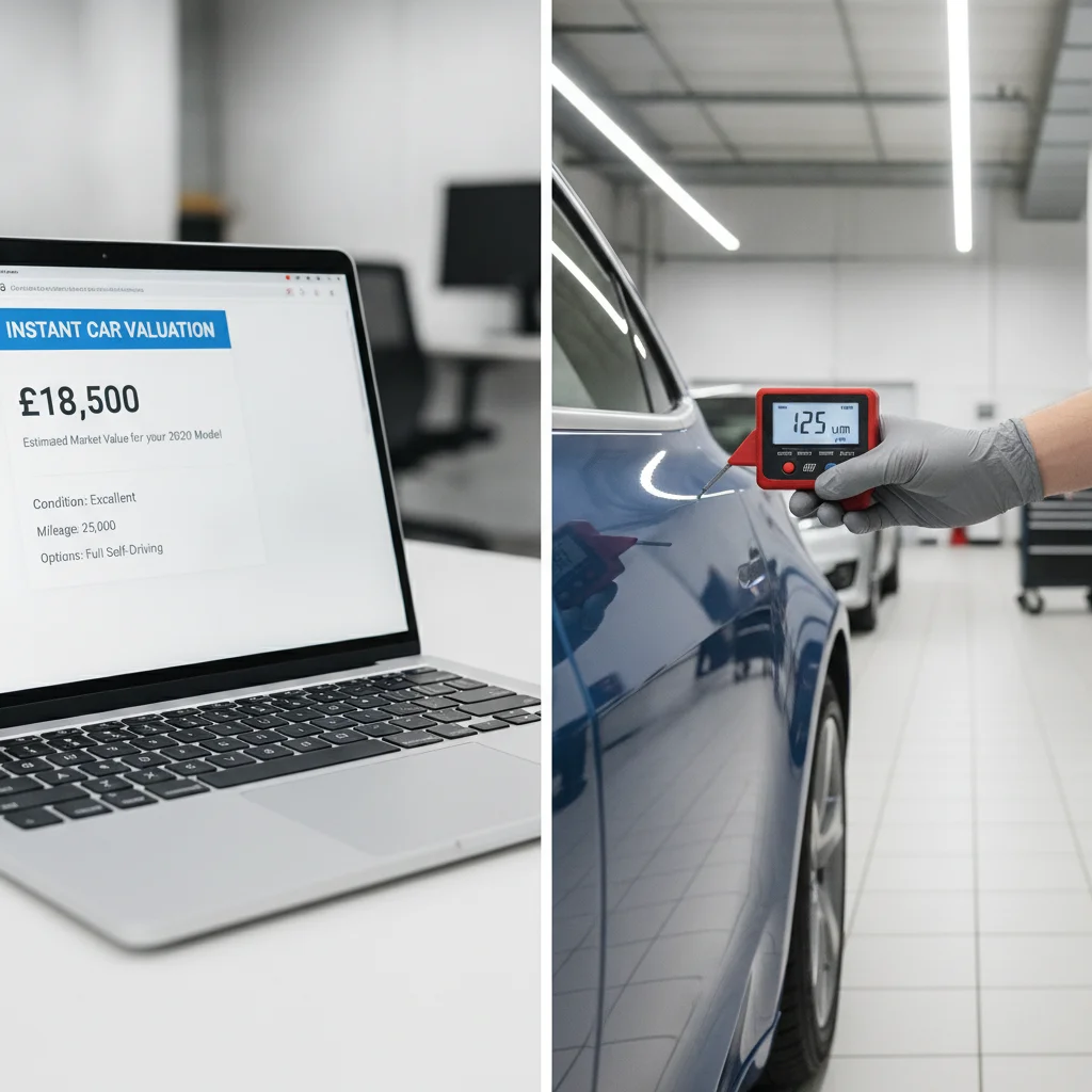Split image comparing a digital car valuation on a laptop screen and a paint thickness gauge being used on a car door