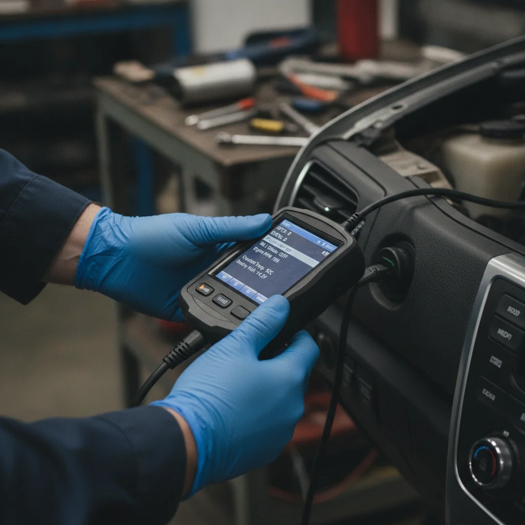 An appraiser using an OBD-II diagnostic scanner plugged into a vehicle dashboard port with readout visible