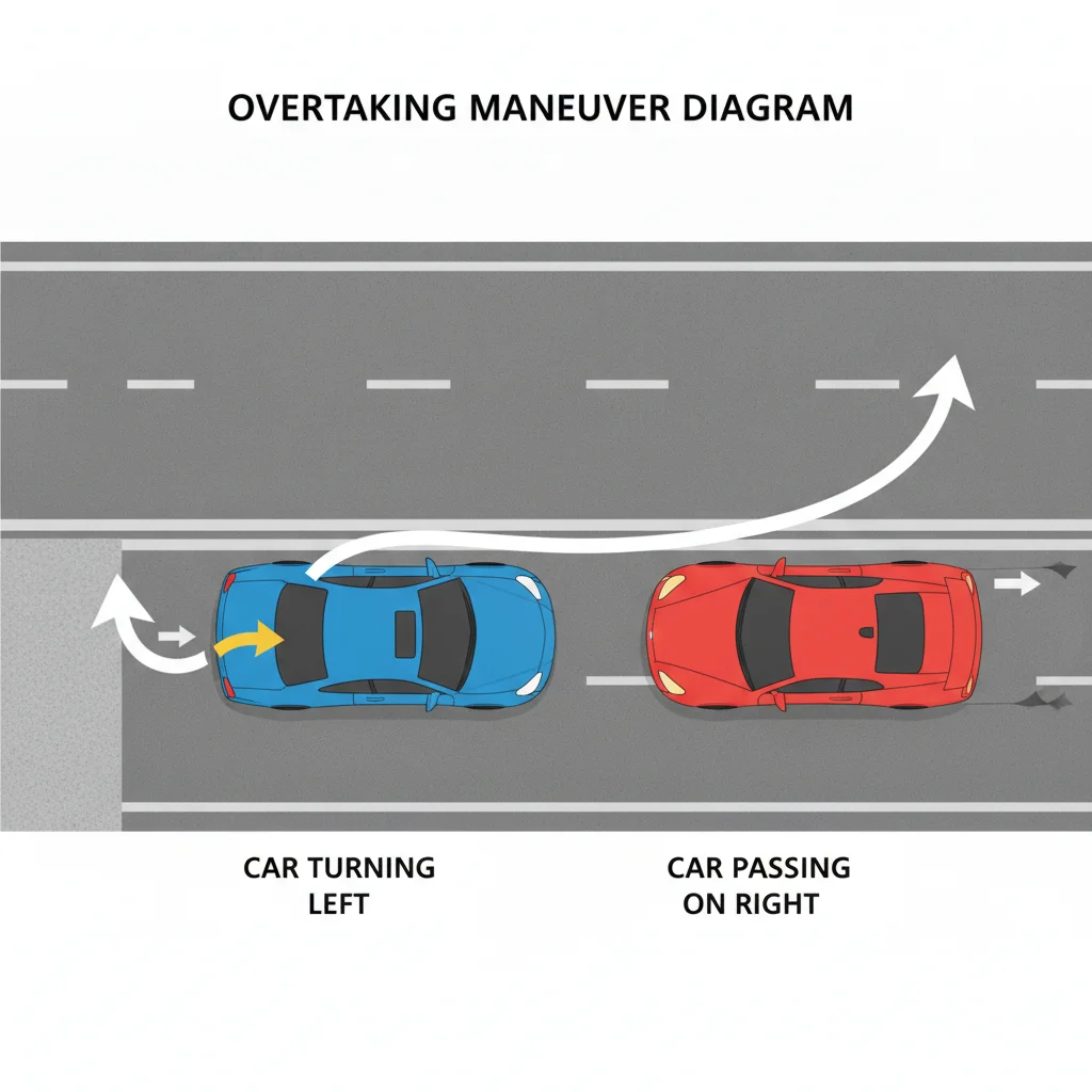 Overhead diagram showing a car passing on the right as another vehicle signals a left turn onto a driveway