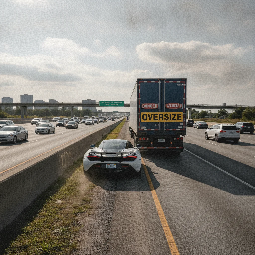 A vehicle partially on a highway shoulder attempting to pass another car, illustrating an illegal shoulder pass