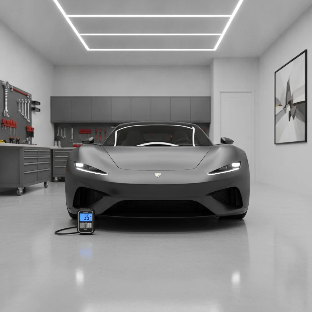 Tire pressure gauge resting against a car tire in a clean residential garage