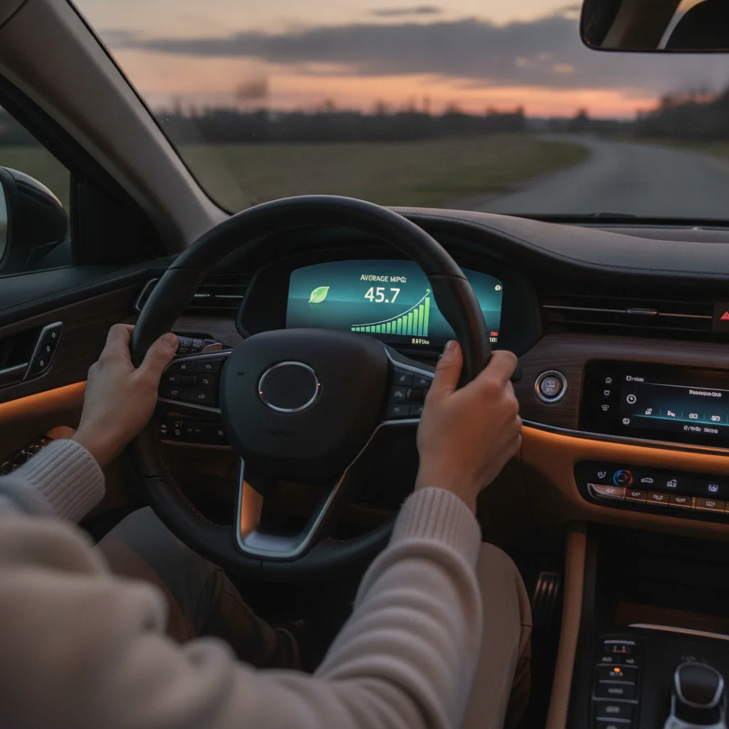 Car dashboard digital display showing real-time fuel economy readout with driver's hands on wheel