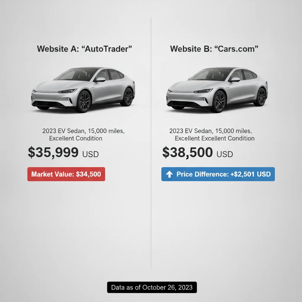 Side-by-side comparison of two car valuation websites showing different price estimates for the same vehicle
