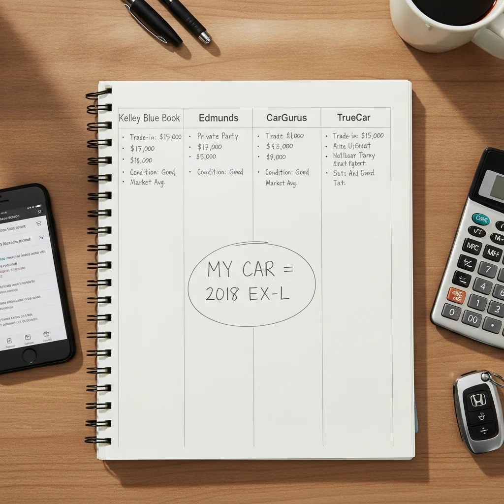 Handwritten notes comparing four car valuation tools on a notepad with a smartphone and car keys nearby