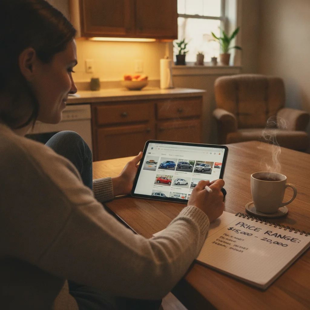 Person researching car pricing on a tablet at a kitchen table with handwritten price range notes nearby
