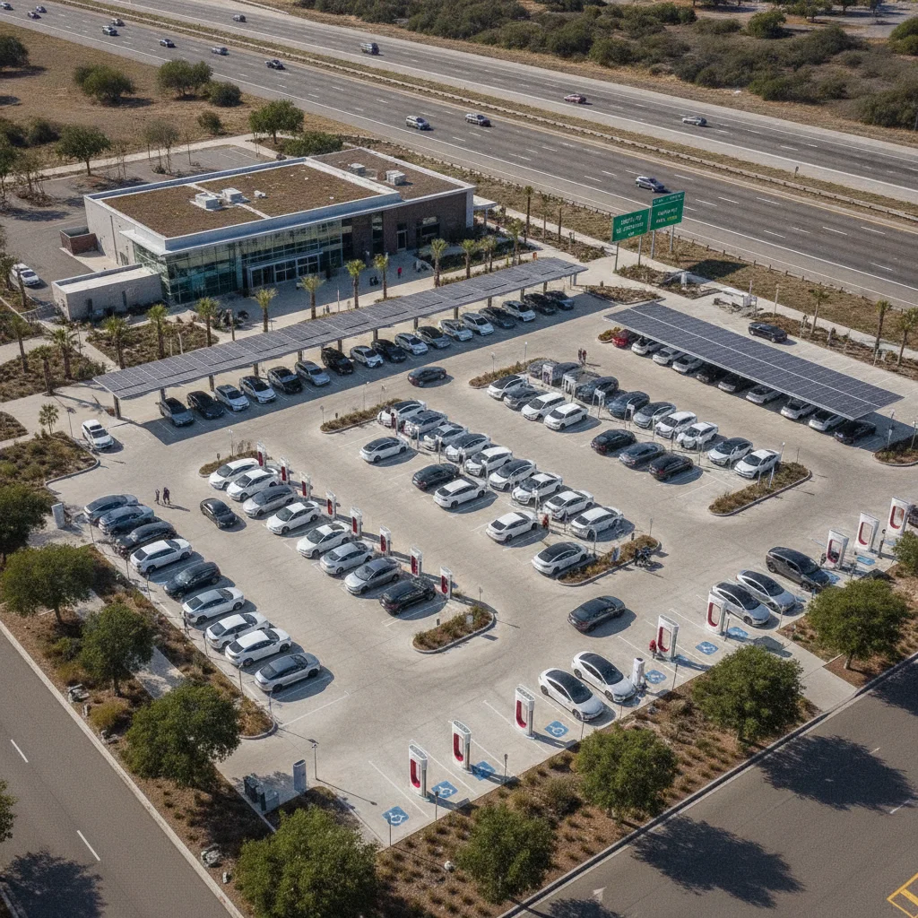 Aerial view of a Tesla Supercharger station beside a highway with multiple EVs plugged in