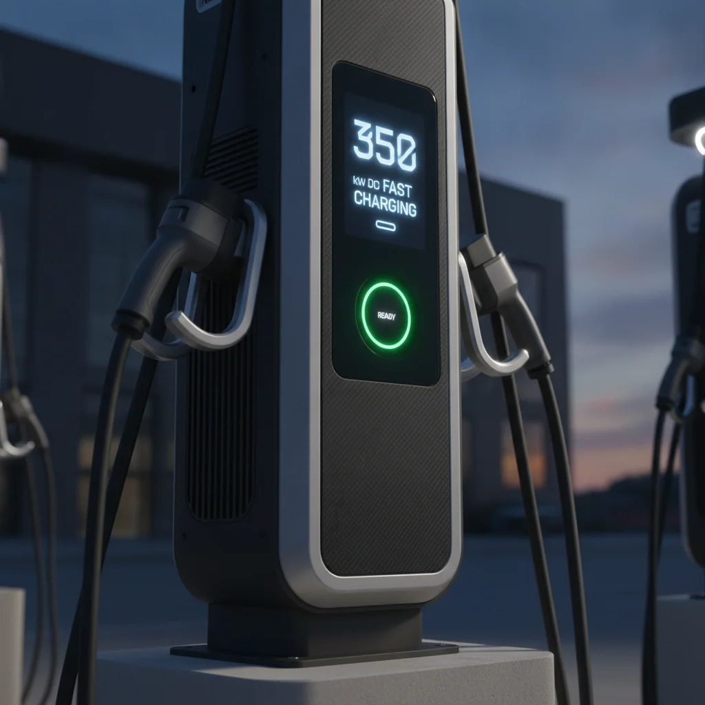 Close-up of a 350 kW DC fast charging dispenser with CCS and NACS connectors