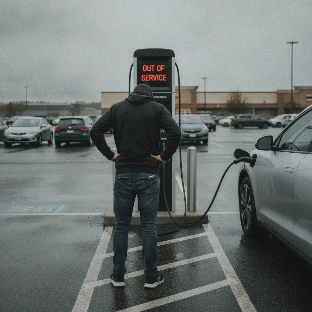 EV driver standing beside an out-of-service public charging station in a parking lot