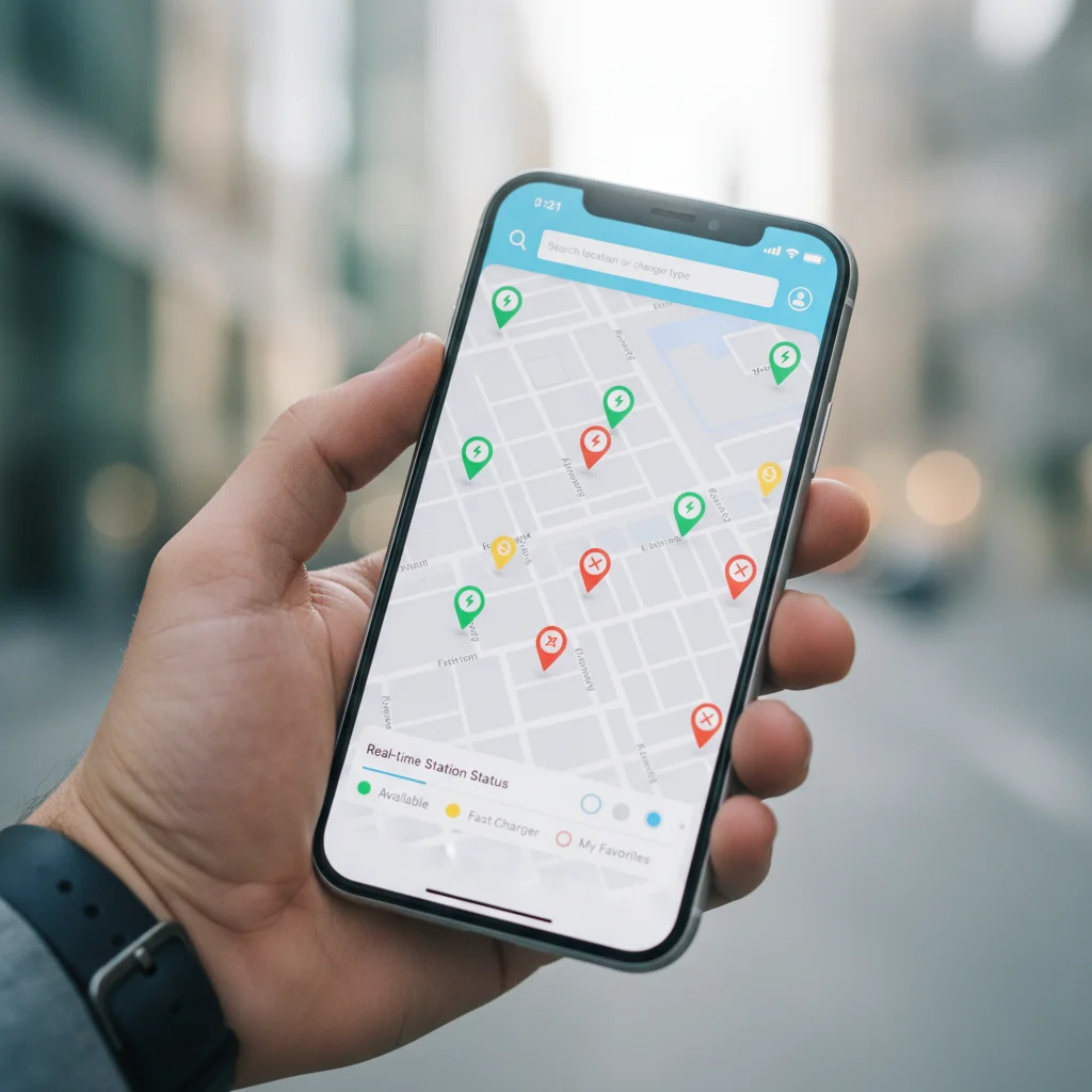 Smartphone displaying a public EV charging network app with a map of nearby station locations