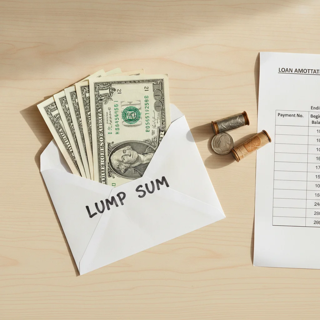 Cash envelope and coin stacks next to an auto loan amortization printout on a wooden desk