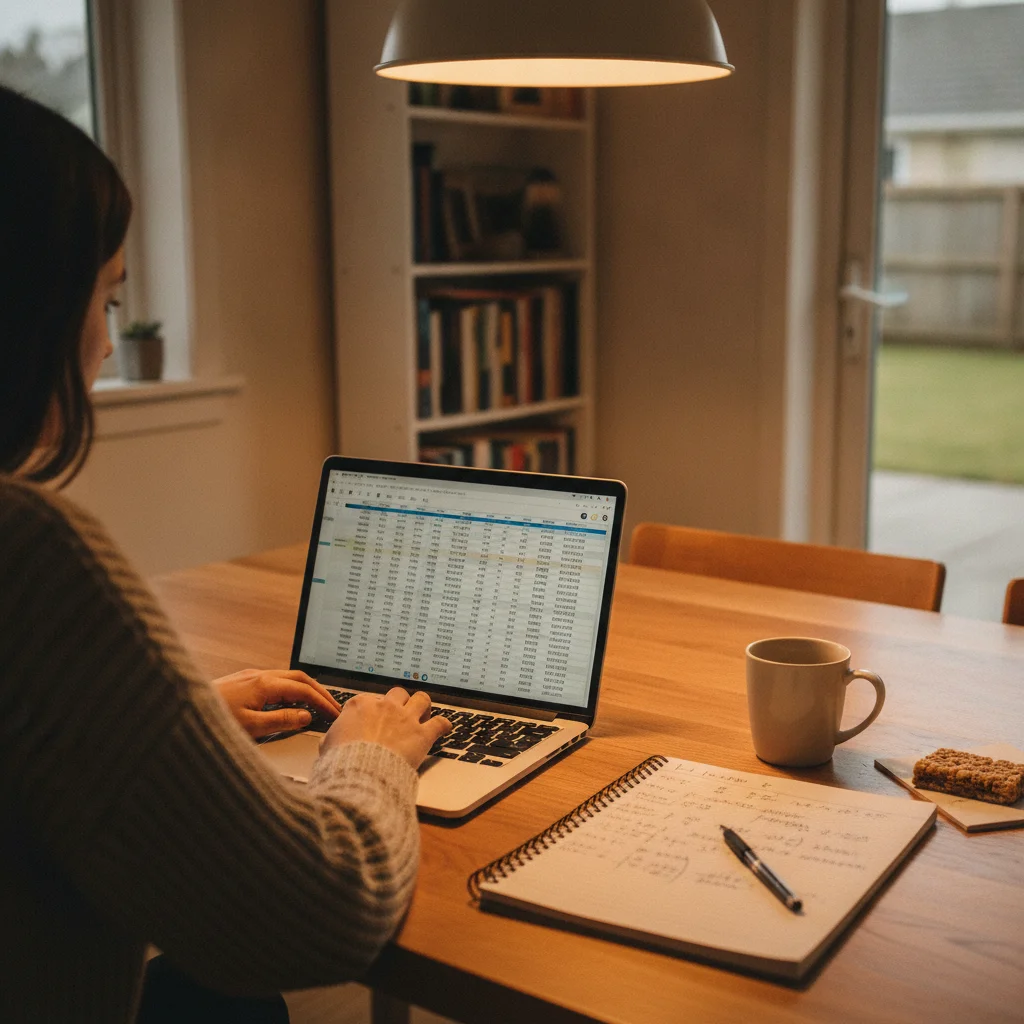 Person using a laptop to calculate auto loan extra payment scenarios at a kitchen table with a notepad