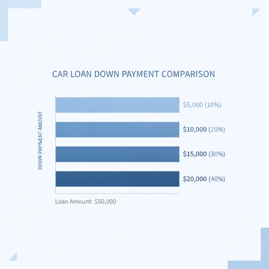 Bar chart comparing loan amounts and LTV ratios across four down payment scenarios on a $35,000 car