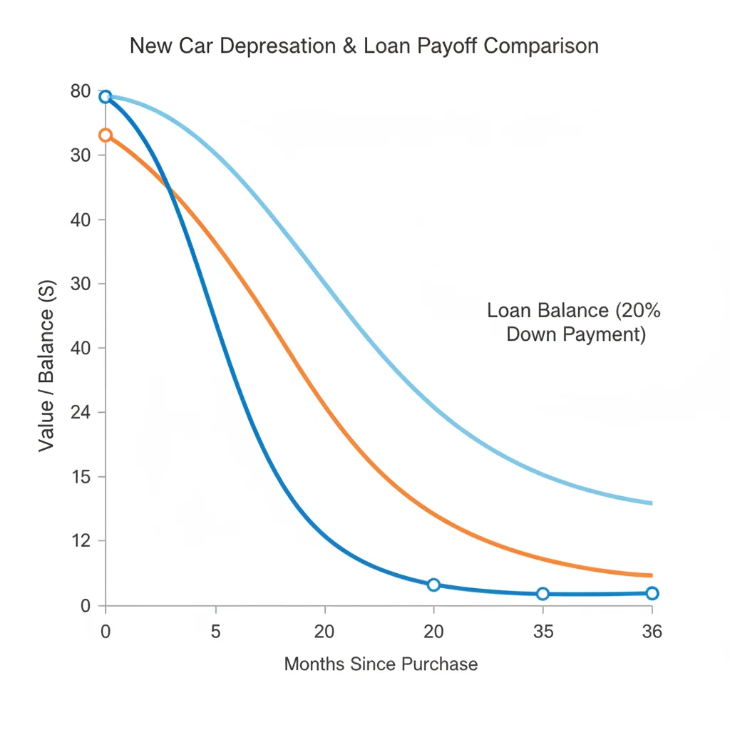 Line graph showing vehicle depreciation curve compared against two loan balance payoff curves over three years