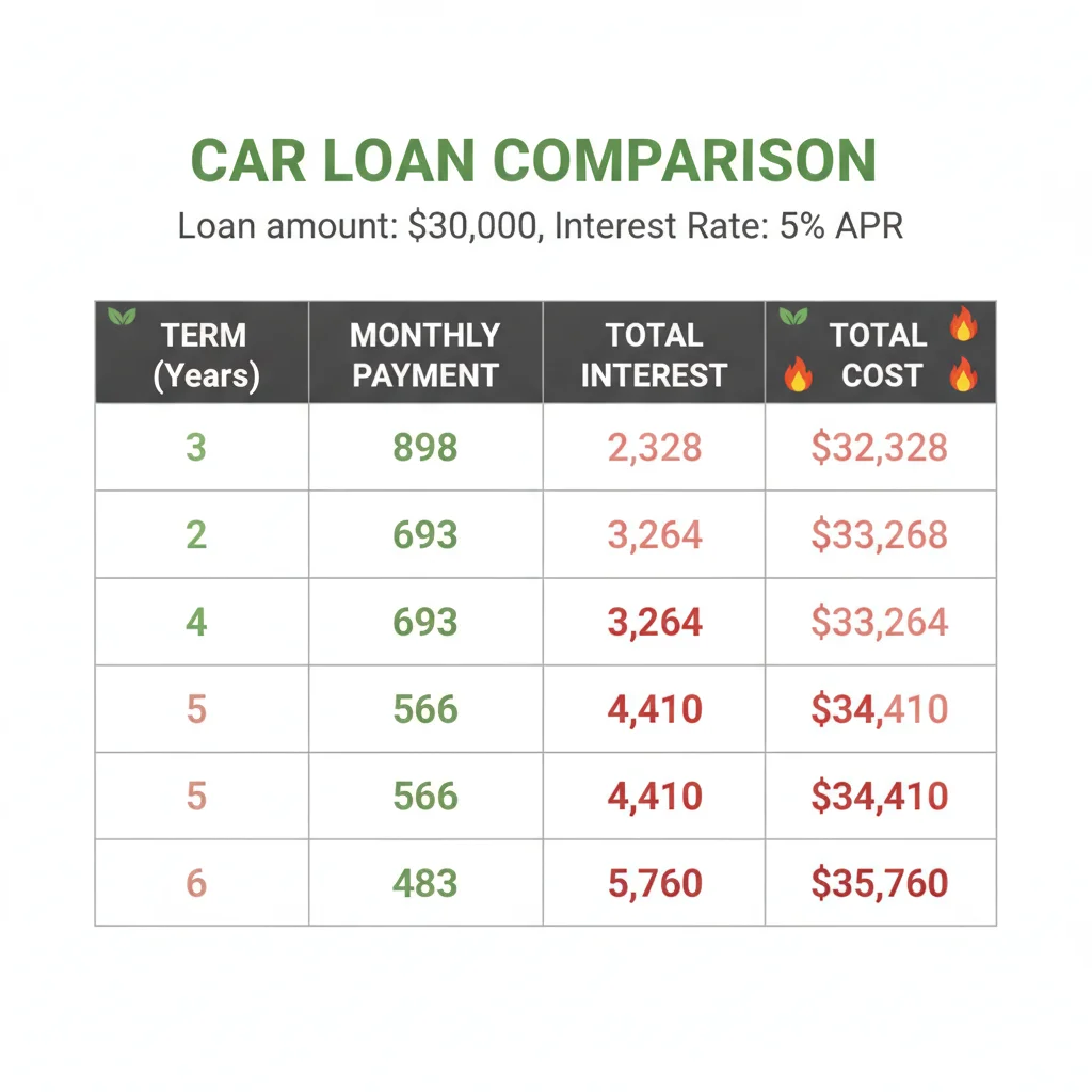 Comparison table showing how monthly payment and total interest change across 36, 48, 60, and 72-month loan terms