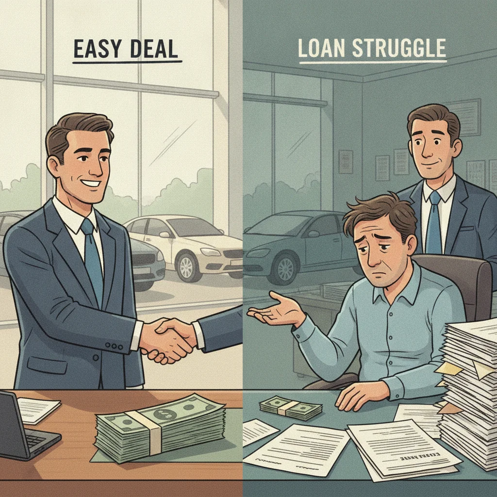 Two contrasting car buyers at a dealership, one with a large down payment and one with a minimal down payment
