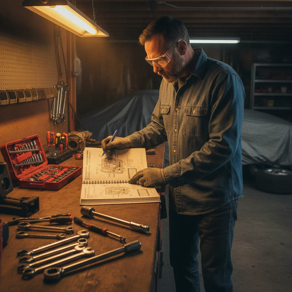 Home mechanic reading a vehicle service manual at a workbench with tools laid out
