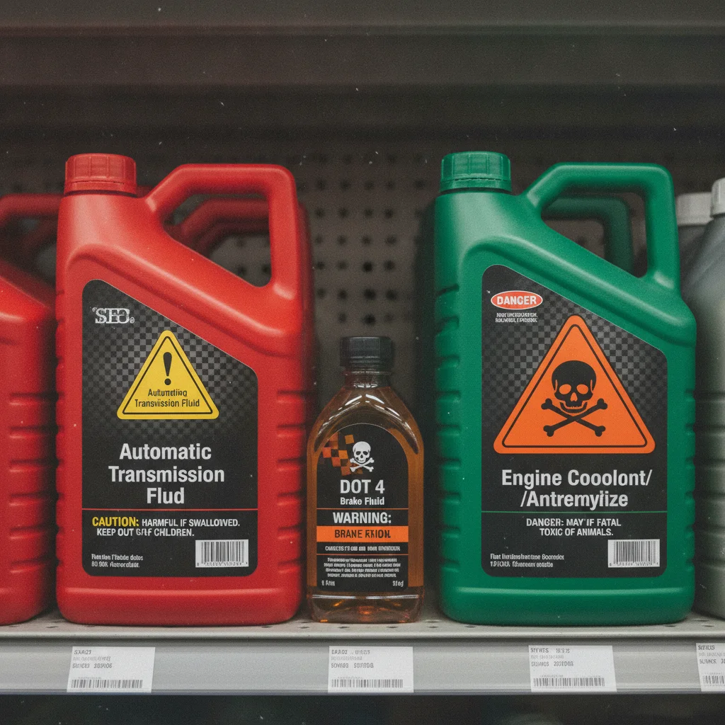 Multiple automotive fluid bottles on a shelf showing different specifications and types